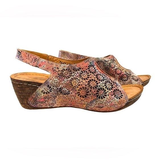 BONAVI Genuine Leather Lace Cutout Slingback Wedge Open Toe Sandals - Picture 3 of 10